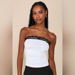 NWT Lulus Flirty Excellence White Ruched Strapless Tube Top Black Lace Trim S